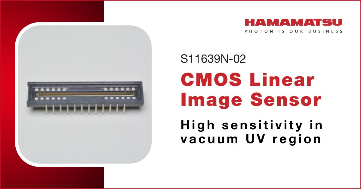 HamamatsuPhoton's tweet image. Our newest #CMOS linear #imagesensor, S11639N-02, boasts exceptional sensitivity in the vacuum UV region and vertically long pixels, improving signal-to-noise ratio.
Ready to push the boundaries of VUV detection? Learn more about the S11639N-02: ow.ly/ZpEJ50QKI2t
