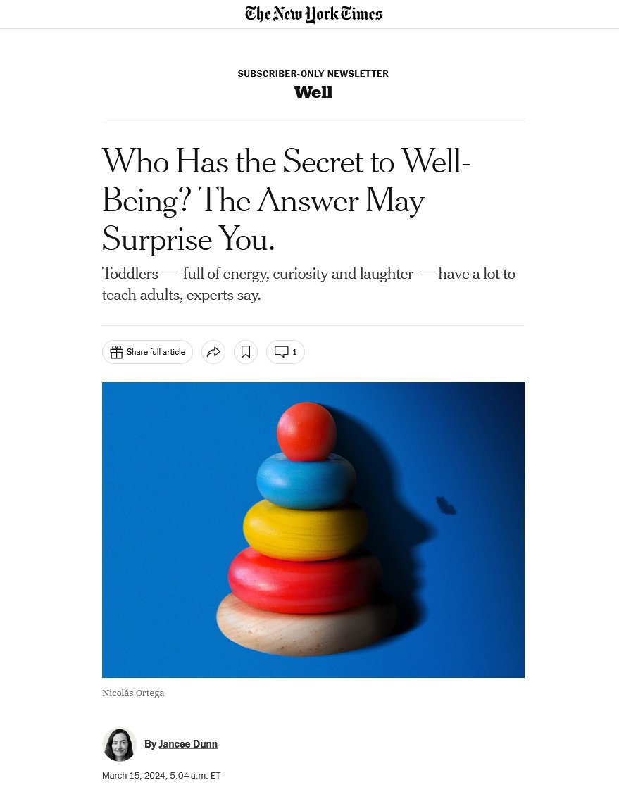 I’m excited to share that my new book Sleep Well, Take Risks, Squish the Peas was featured in The @nytimes today!!! I had a wonderful discussion with Jancee Dunn who picked out some of the best lessons we can learn from toddlers to improve our own well-being. And check out the