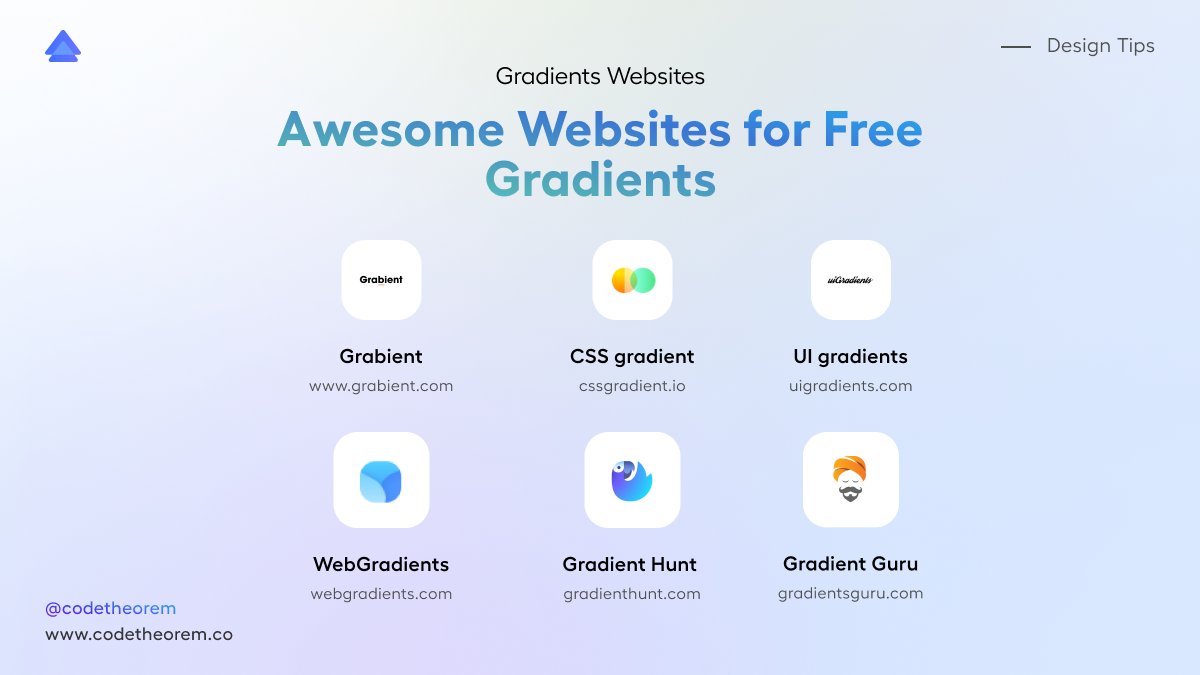 code_theorem's tweet image. Explore endless possibilities and unleash your creativity with these significant websites for free gradients! ๐จ๐ป
-
-
#WebDesignTips #WebDesigner #WebDesignService #WebSiteDesigns #WebSiteDesigning #WebSiteContent #DesignResources #UserInterfaceDesign