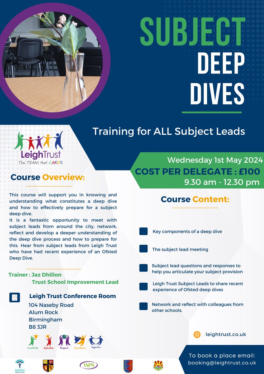 Deep Dive Training for all subject leads. Join us on 1st May. This course will support you in understanding what constitutes a deep dive and also give the opportunity to with other subject leads around the city.  Book a place now, by clicking the link, form.jotform.com/231833123608047