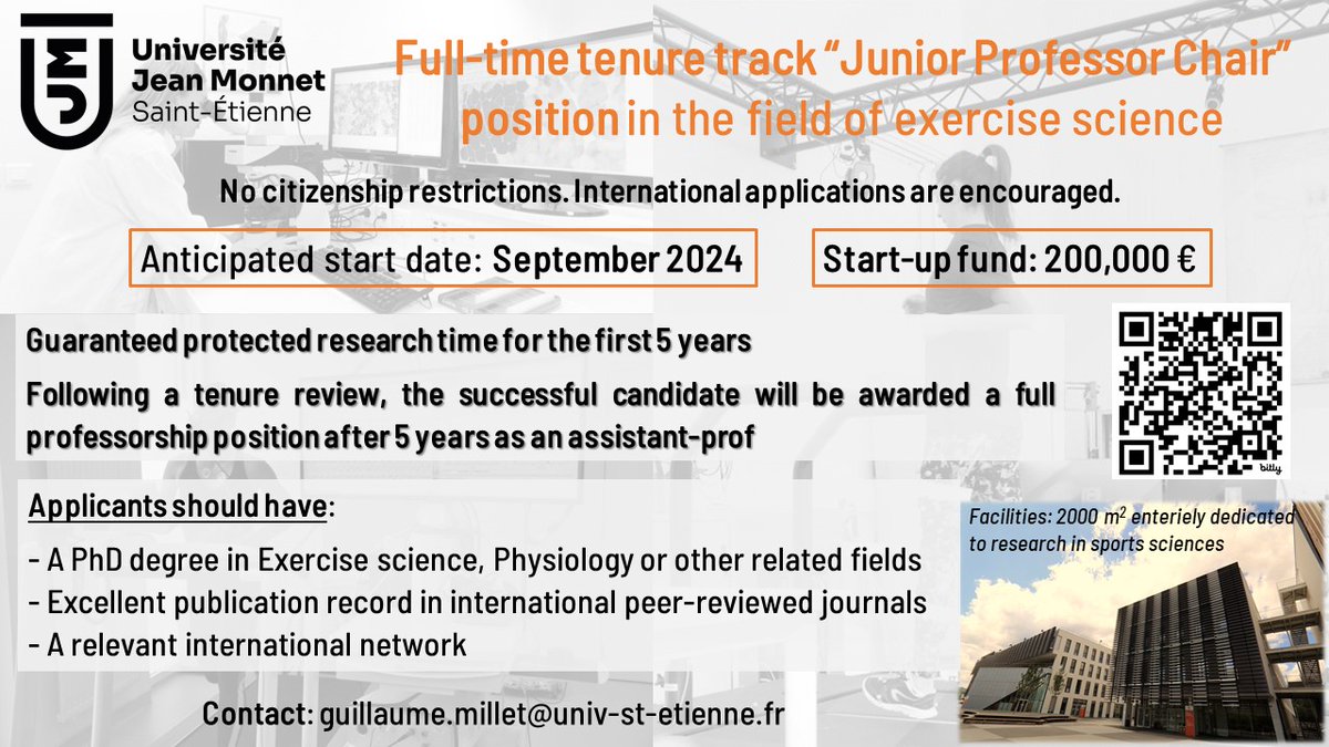 @Univ_St_Etienne is opening a full-time tenure track “Junior Professor Chair” position in the field of exercise science 👇👇 No citizenship restrictions. International applications are encouraged. Speaking French is NOT mandatory. Please RT. @LIBM_lab @chaire_ActiFS