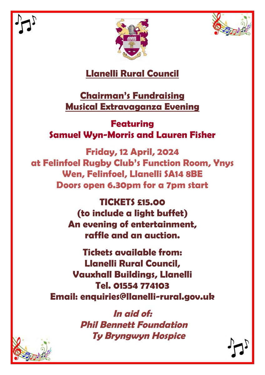 The Chairman's Charity event will be held at Y Foel, Felinfoel on Friday 12 April, 2024 from 7pm. If you'd like tickets please call at Llanelli Rural Council's main office. The tickets are going fast! @FelinfoelRFC @4ndrewStephens @tybryngwynhospice