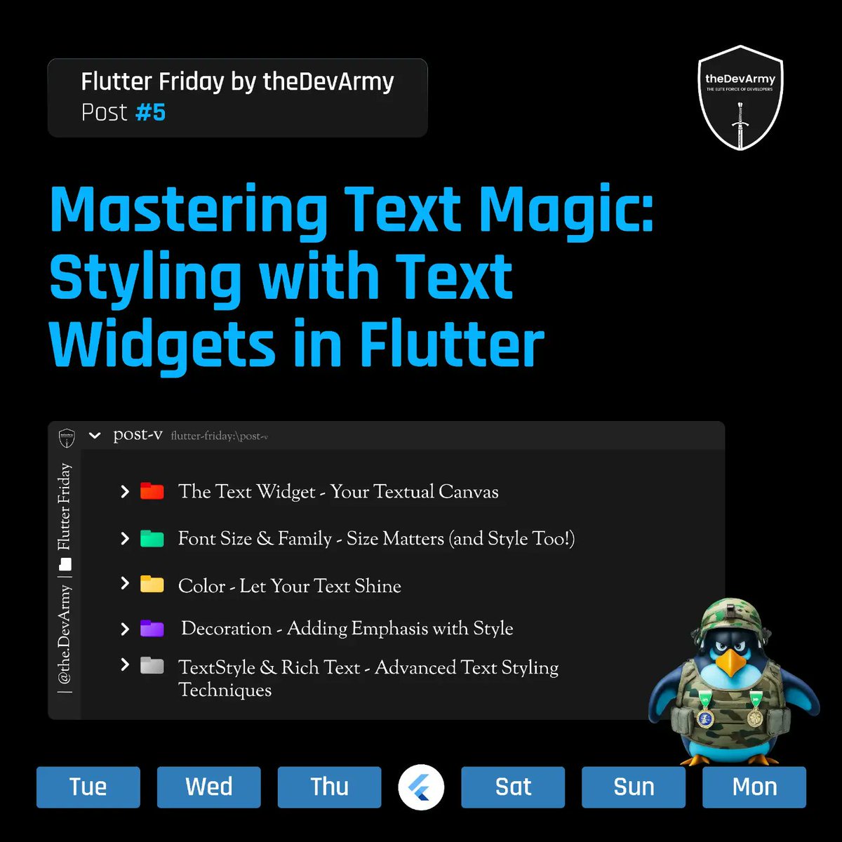 theDevArmy's tweet image. Revamp your Flutter app's look with dynamic text styling tricks using text widgets this #FlutterFriday!
Explore fonts, sizes, colors, and more for crafting breathtaking UIs. 💻🎨
Checkout full post at : instagram.com/the.devarmy/
#theDevArmy #Flutter