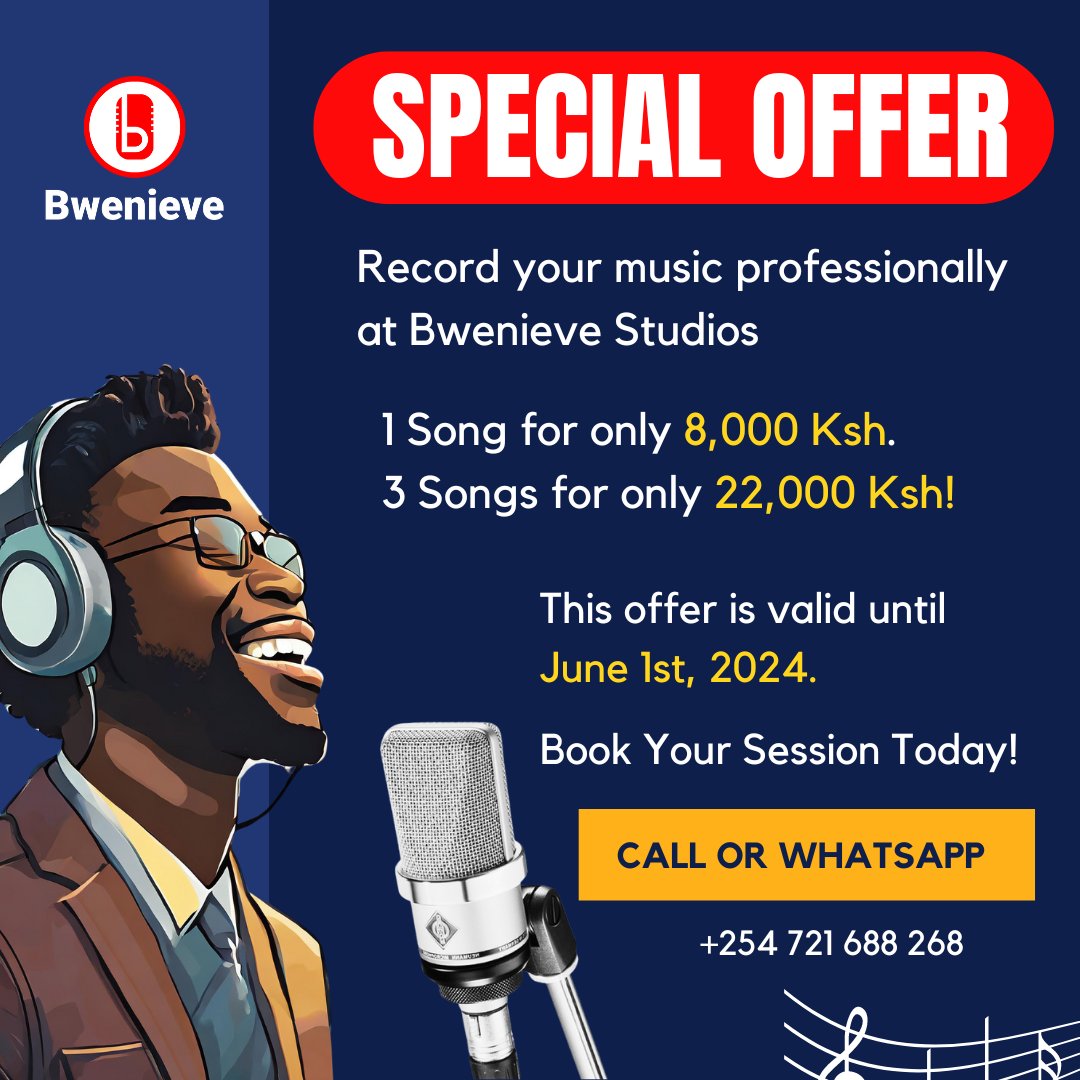 Professional recording at Bwenieve! One song for 8,000 Ksh or 3 songs for a steal at 22,000 Ksh. Book now! The offer ends June 1st! Call or Whatsapp: +254 721 688 268 wa.me/message/EUU3HQ…