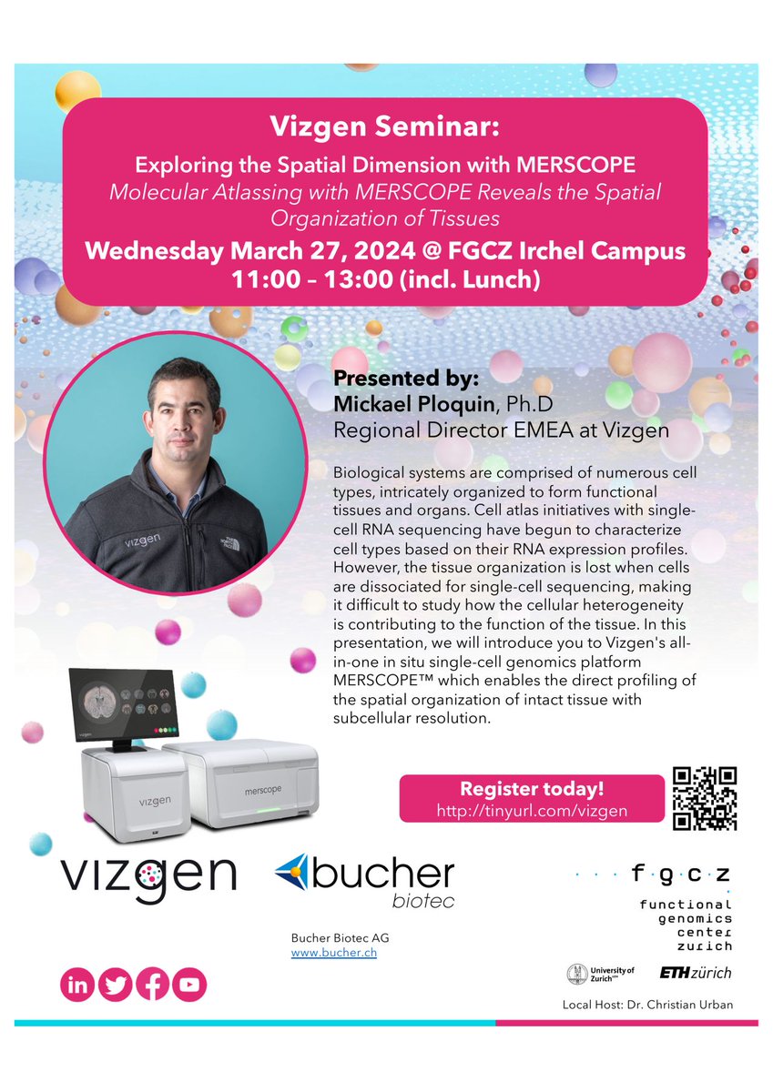 On March 27, join us for a seminar with Mickael Ploquin, unveiling the potential of #MERSCOPE by @vizgen_inc !

Discover tissue organization secrets at Functional Genomics Center Zurich, Irchel Campus. Don't miss this exclusive event!

Register here:
ema.uzh.ch/en/register/fu…