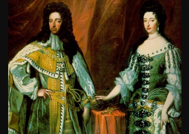 The coronation portrait of William III and Mary II. They were crowned on this day in 1689, as joint monarchs, though Mary would cede executive power to her husband.