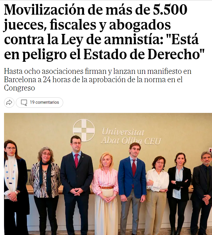 FroilLannister's tweet photo. Es acojonante el control del gobierno sobre los medios. Se reúnen asociaciones de magistrados, fiscales, letrados, de inspectores de Hacienda y de interventores del Estado, que representan a 5500 juristas para firmar un manifiesto contra la Ley de Amnistía y para alertar del peligro que supone para el Estado de Derecho y apenas recibe unas pocas menciones o interés, cuando debería estar en portada.

Por mí que no quede y aquí lo comparto.