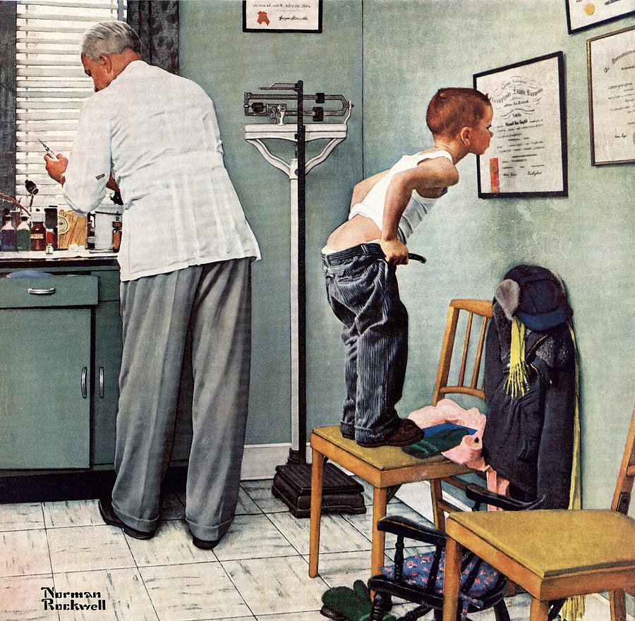 First published #OnThisDay for the March 15, 1958 cover of The Saturday Evening Post is Rockwell's, 'Before the Shot.' The small boy waiting in the doctor's office is determined to make sure the doctor is licensed to practice medicine in one of Rockwell's most famous paintings.