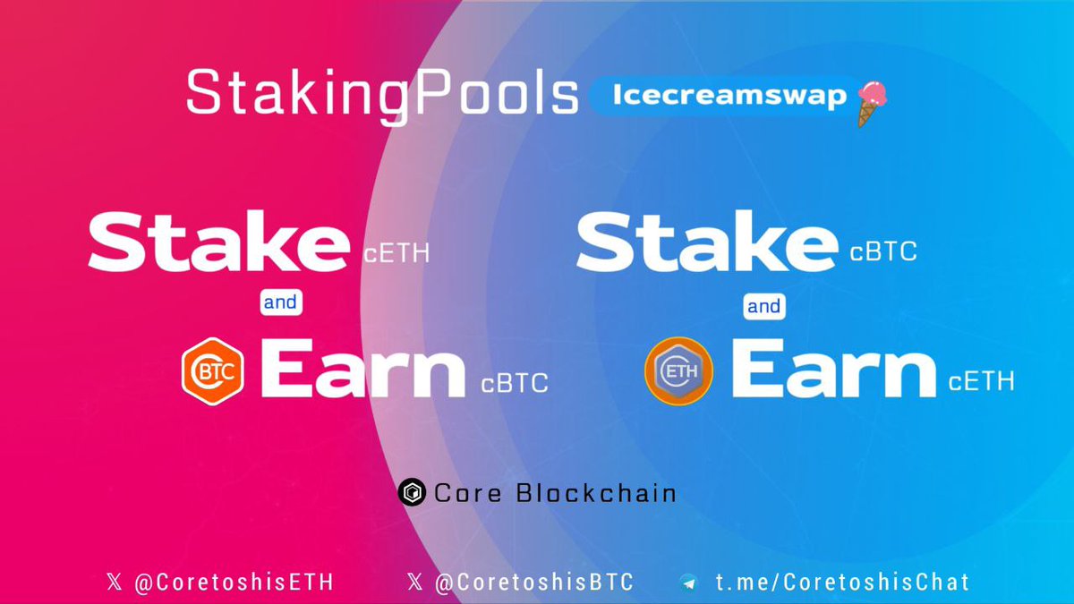 💥GM #CORETOSHIS 🔸! 🚨Exciting News🔊

🔥Our two #StakingPool now Lived at @icecream_swap 🍦for @CoretoshisBTC & @CoretoshisETH 👇🏻

📌 #STAKE : 'icecreamswap.com/pools'

❇️ $cETH #StakeToEarn $cBTC 🎁
❇️ $cBTC #StakeToEarn $cETH 🎁

📲TG: 't.me/CoretoshisChat'

🎯Experience…