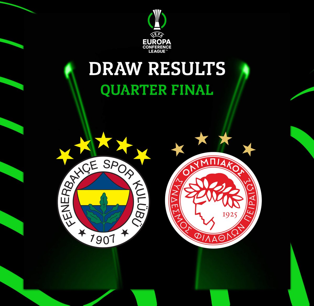 UEFA Konferans Ligi Çeyrek Final eşleşmesinde rakibimiz Olympiakos oldu. ✈️ İlk maç: 11 Nisan 🏟️ İkinci maç: 18 Nisan