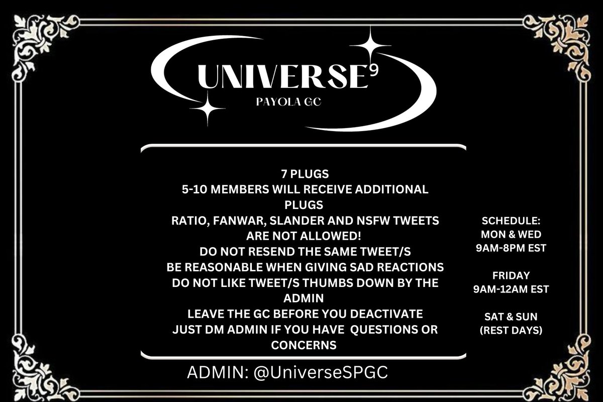 UNIVERSE⁹ STRICT HYPE/PROMO/PAYOLA GC IS RECRUITING ACTIVE MEMBERS! #X🪐

🜸Multi-fandom
🜸 60+  likes guaranteed
🜸RT AND REPLY @ to be added
🜸MBF: <a href="/UniverseSPGC/">UNIVERSE⁵🖤</a>
(Make sure dms are open)