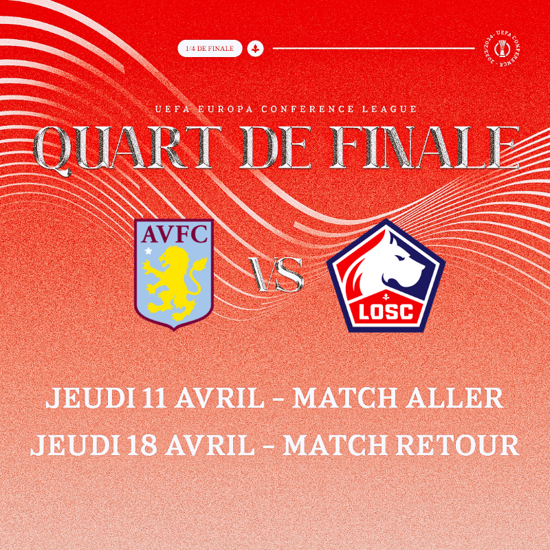 losclive's tweet photo. 𝑻𝑰𝑹𝑨𝑮𝑬 𝑨𝑼 𝑺𝑶𝑹𝑻 🚨

Ce sera Aston Villa pour le LOSC en quarts de finale d'@europacnfleague 

Match aller le 11 avril, retour le 18 avril au Stade Pierre Mauroy 👊

On compte sur toi pour répondre présent 👏

#UECLDraw