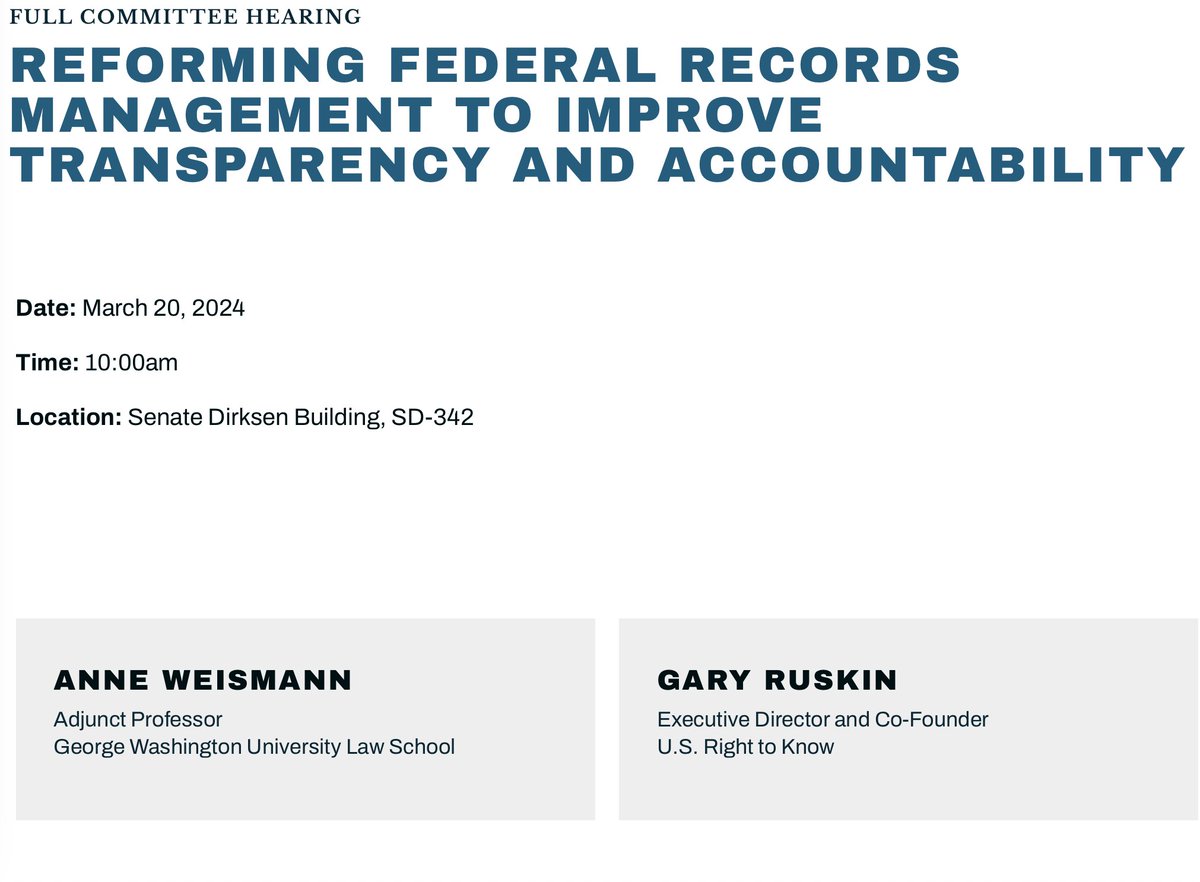 I am scheduled to testify next Wednesday before the U.S. Senate Committee on Homeland Security and Governmental Affairs about 'Reforming Federal Records Management to Improve Transparency and Accountability.' hsgac.senate.gov/hearings/refor…