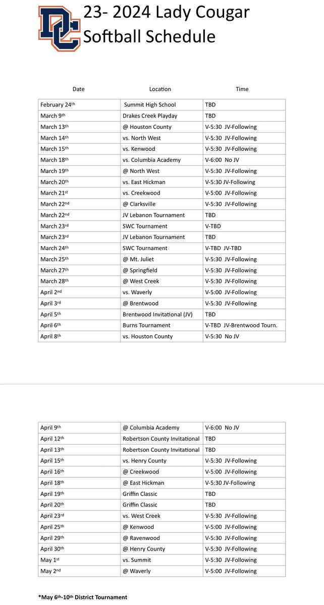 2023-2024 Lady Cougar Softball Schedule🥎