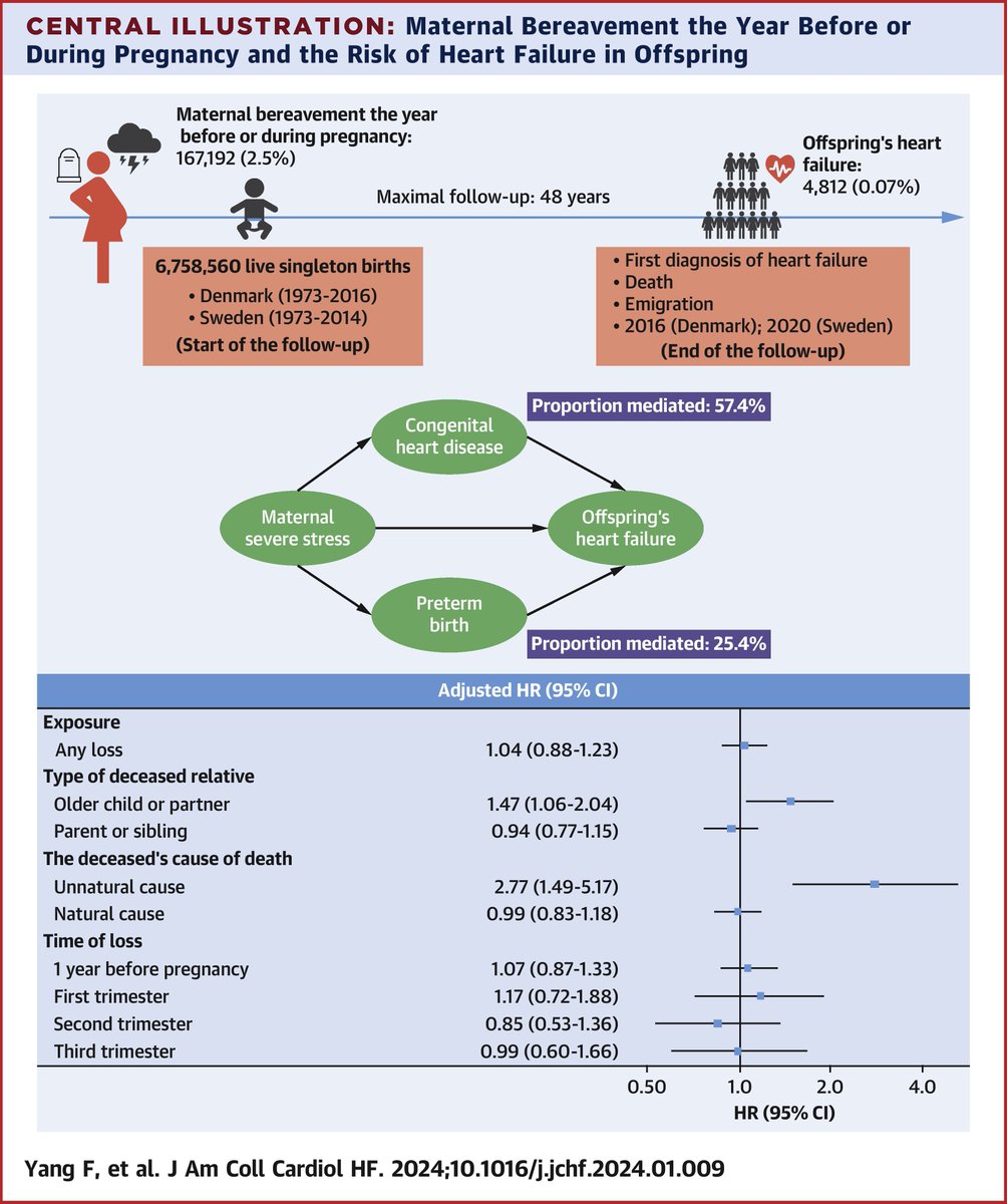 A study recently published in #JACCHF found severe grief for a close family member experienced by a woman shortly before or during pregnancy was found to be associated w/ a later diagnosis of #heartfailure in a child through middle age.

Study details: bit.ly/3Vd5VVM