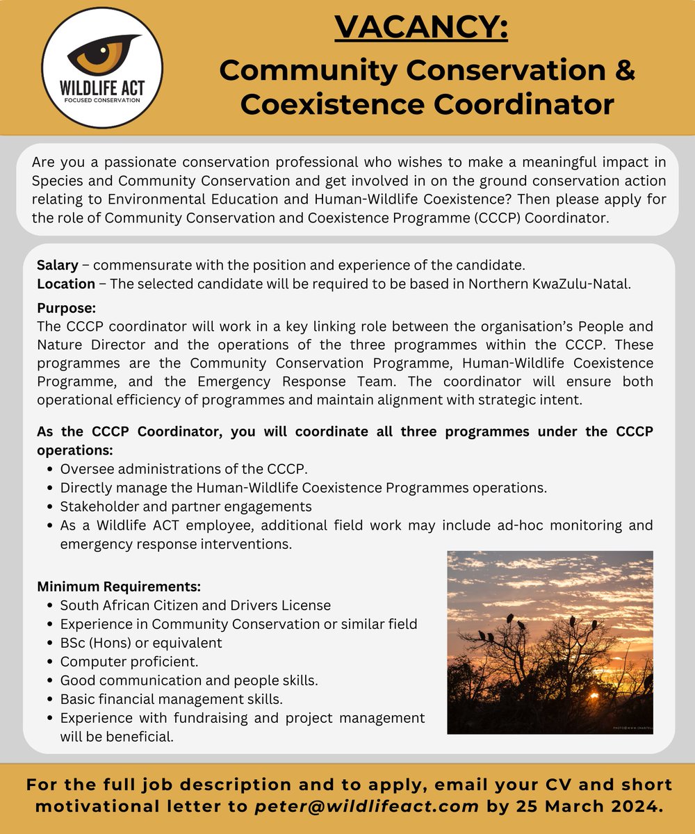 We are hiring a Community Conservation and Coexistence Coordinator. View the full position online here: drive.google.com/file/d/1kKVg-Y…