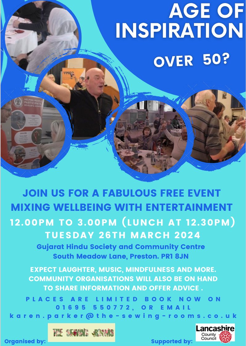 Are you over 50 in Preston? Then how about joining this FREE event on the 26th March, that combines wellbeing and entertainment with lunch! Come along and make new friends! Booking essential. @blogpreston @BBCLancashire @prestoncouncil @CGAPreston @visitpreston @ACCentralLancs