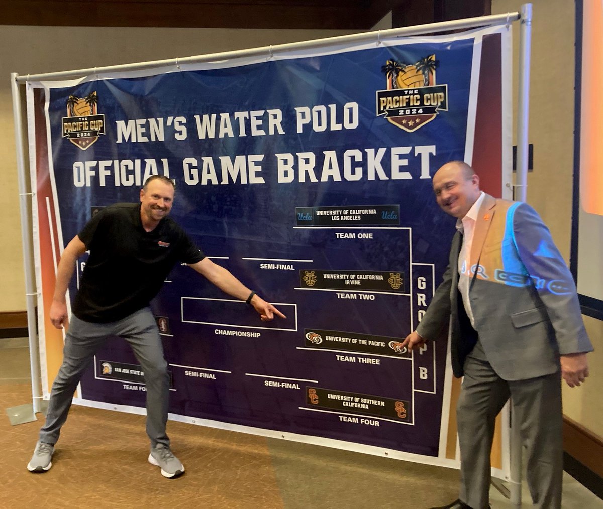 PacificPres's tweet photo. .@PacificMWP head coach James Graham & AD Adam Tschuor announce inaugural Pacific Cup, a #blinddraw tourney featuring the best #NCAA teams: Pacific, Cal, UCLA, USC, Stanford, UCI & SJSU and Jr Nat Team. Tigers, led by 6 All-Americans, will face '23 #3 USC in Rd 1 on April 13. #waterpoloU #PacificProud