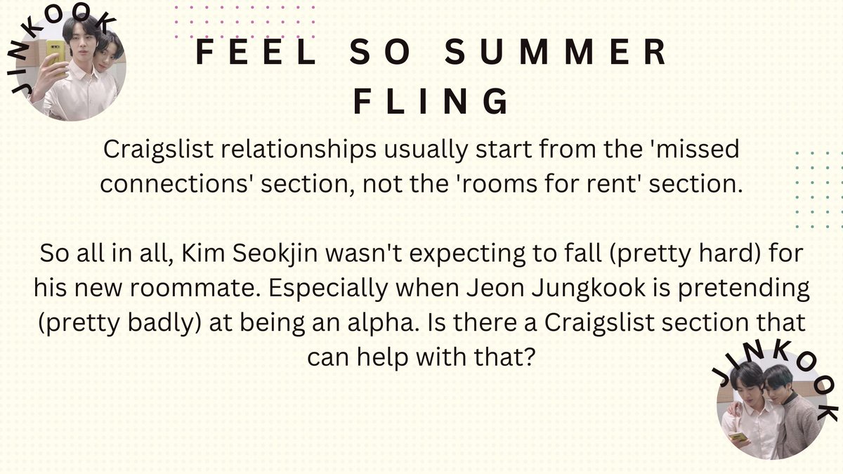 jinkookabo's tweet photo. 🐹 feel so summer fling

🐰 Teen And Up Audiences

🐹 Ongoing

🐰 Rommates, Miscommunication, pretending to be an alpha

🐹 https://t.co/WL7230we66 https://t.co/ztDfoy73X7