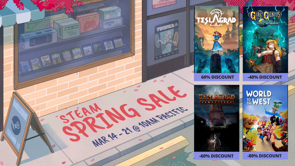 #SteamSpringSale is here🐞
And we've got plenty of games to share!

⚡Teslagrad 2 -𝟲𝟬%
🔧Girl Genius: Adventures in Castle Heterodyne -𝟰𝟬%

And even more from our catalogue:
store.steampowered.com/developer/Rain…