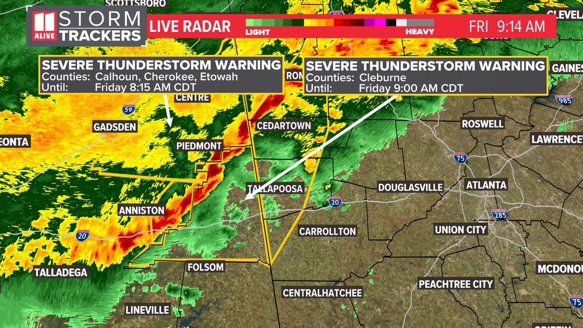 A Severe Thunderstorm Warning has been issued for Floyd, Polk, Haralson, Carroll until 3/15 10:00AM. Track storms now: 11alive.com/radar #storm11 #gawx