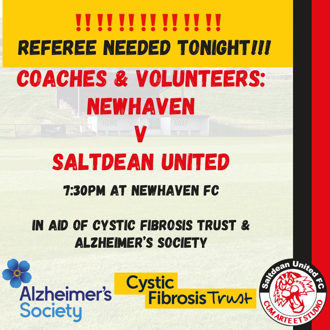 ‼️‼️ REFEREE NEEDED TONIGHT | Can you help at short notice for this evening’s charity match?! 7:30pm kick off at @NewhavenFC - fee will be paid! @SussexCountyFA @TheSCFL @sussexsundayfl @SussexRAFAYouth @BrightonRA