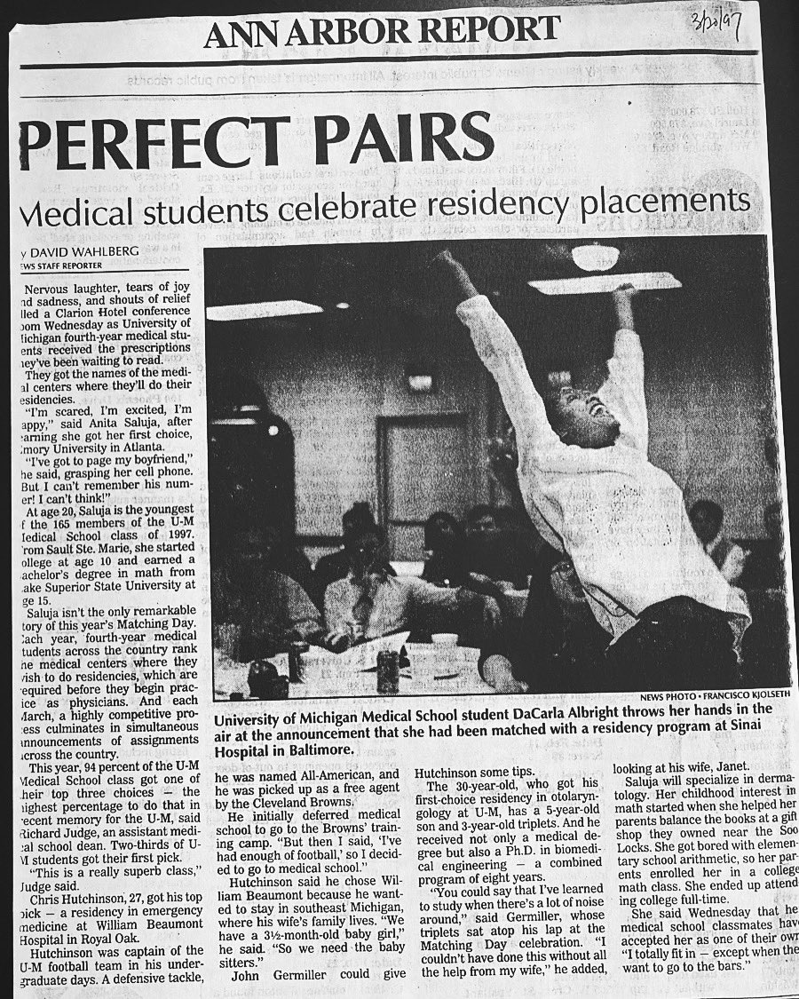 DaCarla M. Albright, MD (@dalbrightmd) on Twitter photo I remember this day like it was yesterday!! Relief, joy, anxiety, elation are just a few words to describe this moment. Congrats to all the students that are one step closer to their dreams today!
HAPPY MATCH DAY!!
@umichmedschool #umichmed1997💙💛 @pennmedicine <a href="/PennOBGYN/">Penn Medicine OBGYN Department</a> 💙❤️ I remember this day like it was yesterday!! Relief, joy, anxiety, elation are just a few words to describe this moment. Congrats to all the students that are one step closer to their dreams today!
HAPPY MATCH DAY!!
@umichmedschool #umichmed1997💙💛 @pennmedicine <a href="/PennOBGYN/">Penn Medicine OBGYN Department</a> 💙❤️