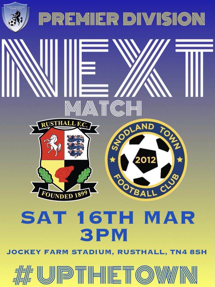 Snodland Town FC (@snodlandtownfc) on Twitter photo UP NEXT ⚽️
TOMORROW we travel to the jockey farm stadium to face <a href="/FCRusthall/">Rusthall FC</a>.
Another important game for us in our quest for a playoff position. <a href="/SCEFLeague/">Presence & Co. SCEFL League</a>
Let’s see all you travelling Townies there once again, your support is important. <a href="/LionInsurance/">Lion Insurance</a>
#UPTHETOWN 💛💙 UP NEXT ⚽️
TOMORROW we travel to the jockey farm stadium to face <a href="/FCRusthall/">Rusthall FC</a>.
Another important game for us in our quest for a playoff position. <a href="/SCEFLeague/">Presence & Co. SCEFL League</a>
Let’s see all you travelling Townies there once again, your support is important. <a href="/LionInsurance/">Lion Insurance</a>
#UPTHETOWN 💛💙