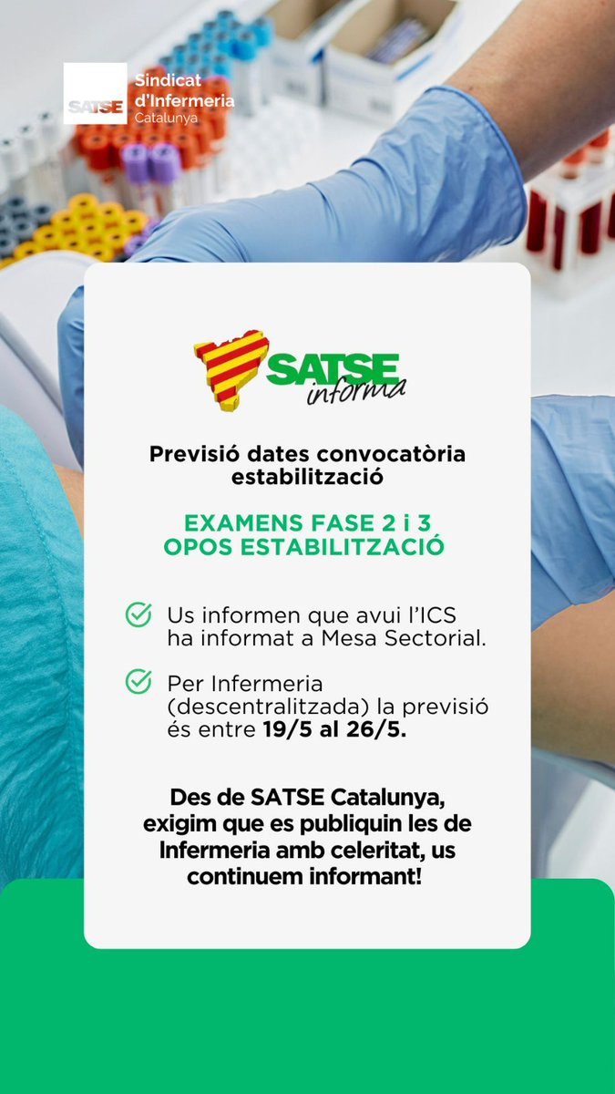 SATSECatalunya's tweet photo. 📢 #SATSEInforma novetats: previsió de les dates d'examens FASE 2 i 3 del procés d'estabilització #OPOSICS 👇 https://t.co/f3lWHHiBLK