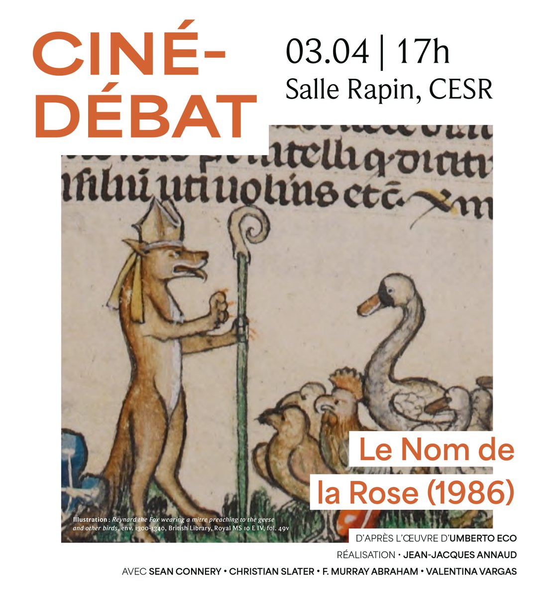 [Ciné-débat] Le Nom de la rose (1986)

🎥 Projection du film de Jean-Jacques Annaud, suivi d'un débat avec E. Pierazzo, P. Charron et L. Paoli

🗓️ Mercredi 3 avril, 17h | CESR, Salle Rapin
📌 Entrée libre

➡️ Organisé par l'<a href="/adeep_tours/">ADEEP</a> et l'ADCESR
➡️ cesr.univ-tours.fr/centre-detudes…