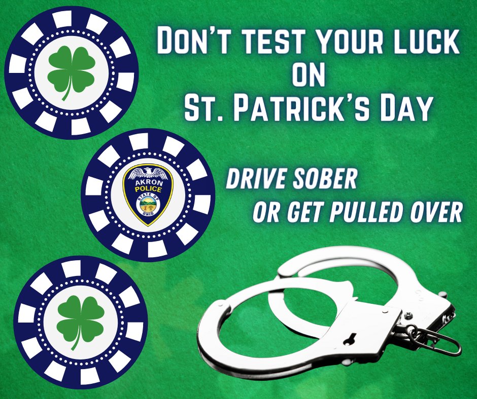 Don’t rely on the Luck of the Irish this St. Patrick’s Day. We want everyone to celebrate responsibly. The Akron Police Dept. warns celebrants to be responsible when traveling to and from your festivities. And Buckle Up! Happy St. Patrick's Day!🍀#akronpdconnecting