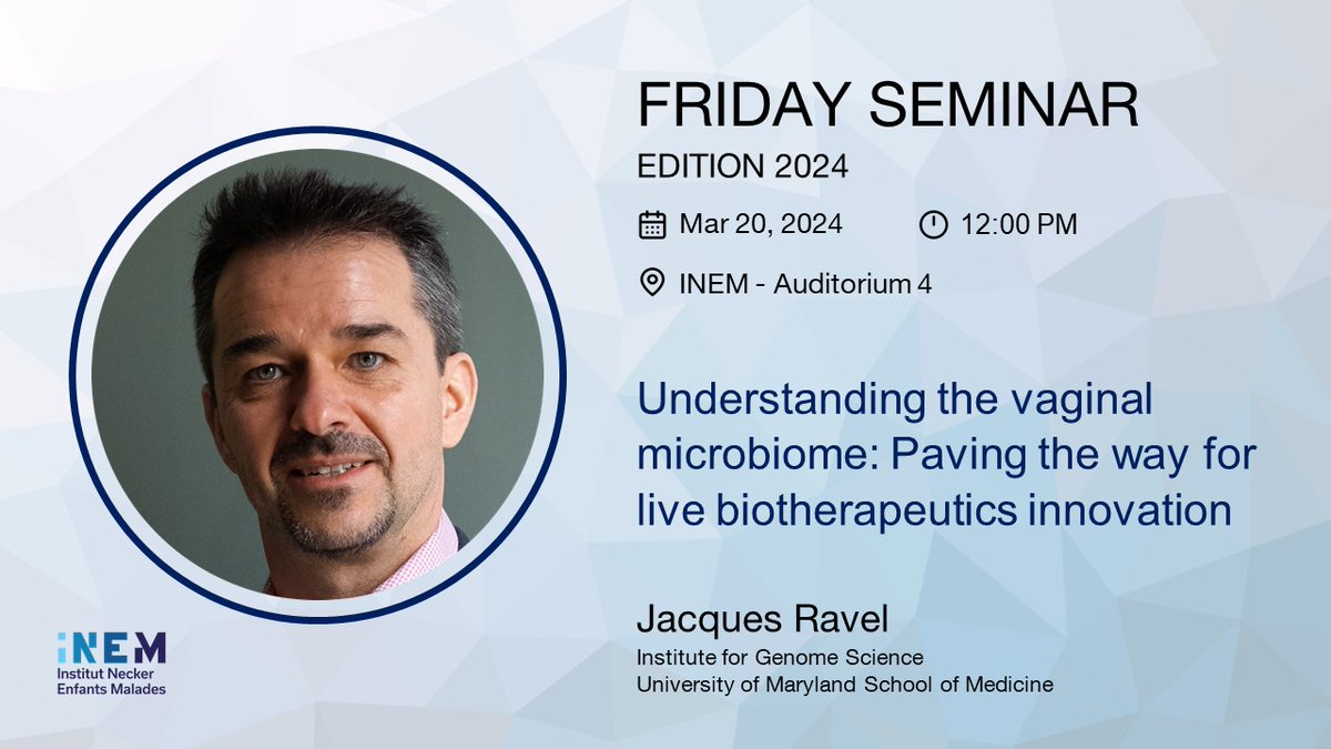 🗓️ Join us on March 20, 2024, for a new #fridayseminar featuring Prof. @jacquesravel from @GenomeScience @UMmedschool, for an insightful talk on the vaginal microbiome and live biotherapeutics innovation. Make sure to join! @pamela_schnupf