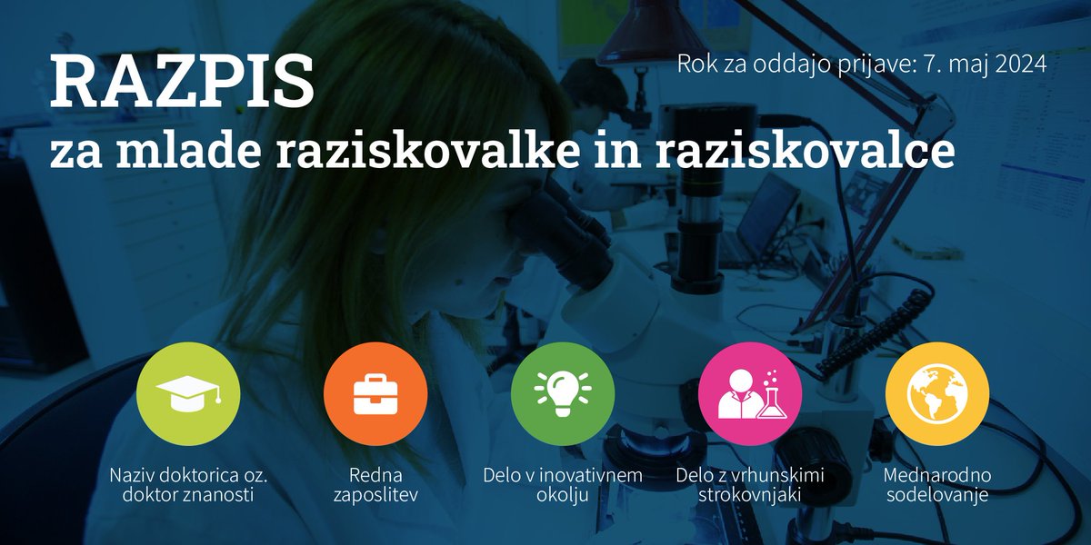 RAZPIS/CALL FOR APPLICATIONS - Objavljen je razpis za kandidatke in kandidate za mlade raziskovalce v letu 2024 / The call for applications for young researchers in 2024 is now open. Applications are due by 14.5.2024 More information mr.ijs.si