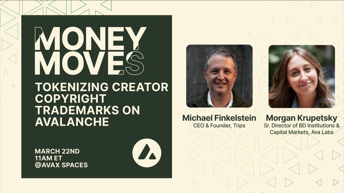 Money Moves is back, and this time, we're exploring the world of Tokenizing Creator Copyright Trademarks on Avalanche! Our Spaces series about all things tokenization returns next week with special guest, Michael Finkelstein, CEO & Founder of Trips. Michael chats with
