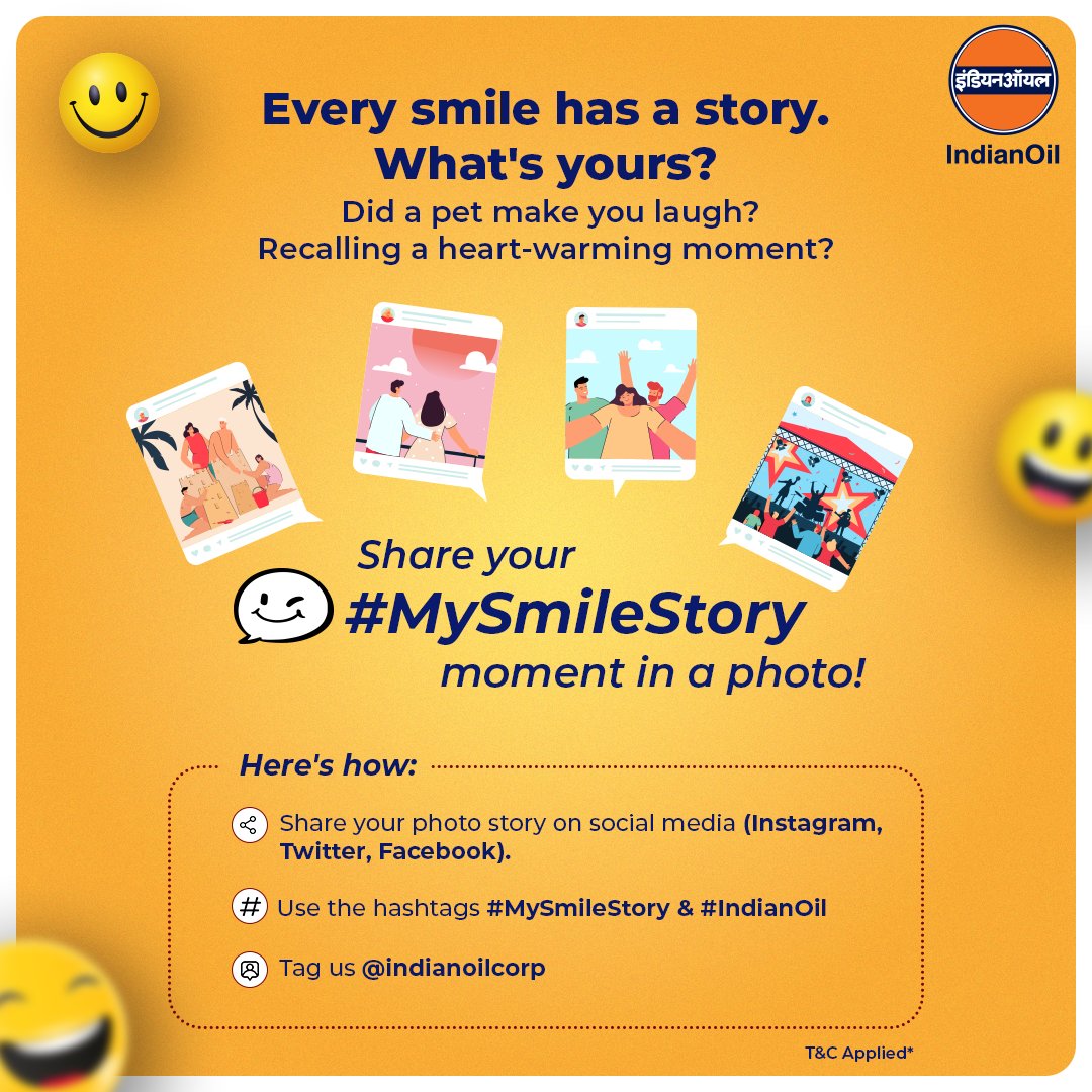 Get ready to beam with joy! The #MySmileStory Contest by IndianOil is here! Share a photo that captures your happiest moment and stand a chance to win fabulous prizes! Tag us <a href="/IndianOilcl/">Indian Oil Corp Ltd</a>, use #MySmileStory &amp; #IndianOil, and let your smiles light up the world! Don't miss out!