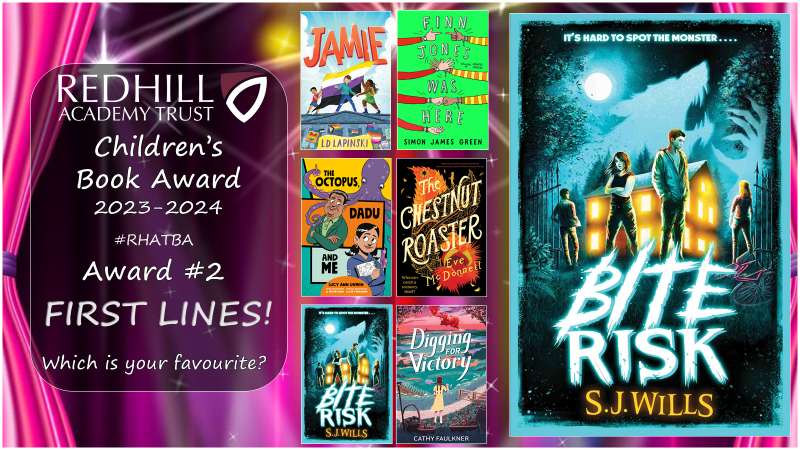 TCA_LRC's tweet photo. The Redhill Academy Trust Children’s Book Award! Congratulations to @SophsWills for winning both the best first line and best blurb award for the scarily brilliant #BiteRisk @simonkids_uk #RHATBA @RedhillTrust https://t.co/TePPUGcuxF