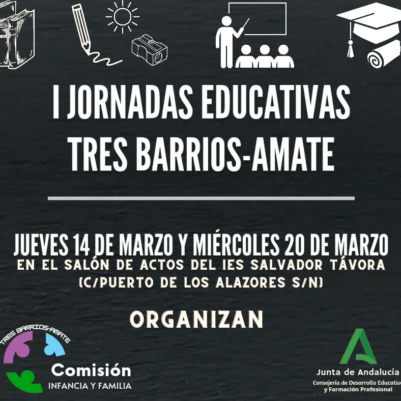 Agradecemos la participación en las Jornadas Educativas Tres Barrios-Amate, organizadas por la Aes Candelaria junto con las demás entidades de la Comisión de Infancia y Familia de Plataforma <a href="/3barriosamate/">Plataforma Civica 3Barrios-Amate</a> y <a href="/CEPdeSevilla/">CEP de Sevilla</a> de la <a href="/educaand/">Consejería Desarrollo Educativo y FP</a> , sobre un futuro Plan Educativo de Zona.