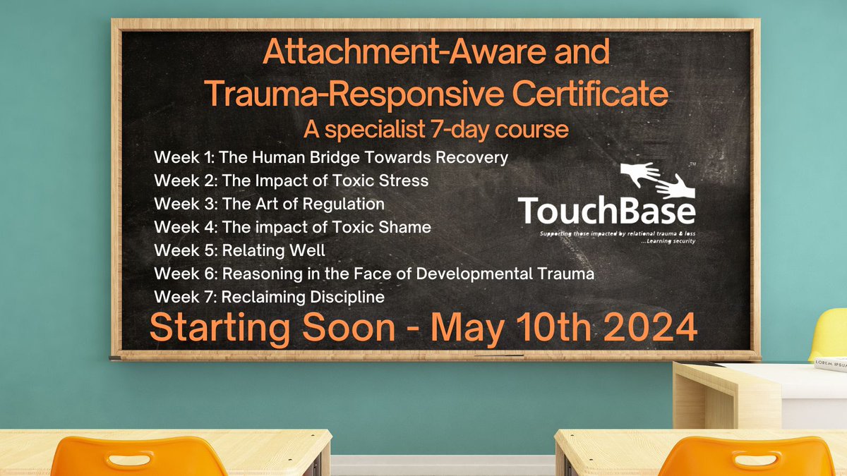 Attachment-Aware and Trauma-Responsive Certificate A specialist 7-day course for individuals working for Virtual School teams - starting 10/05/2024 Delivered, via Zoom. Please contact hannah@touchbase.org.uk for more information and to book your place.