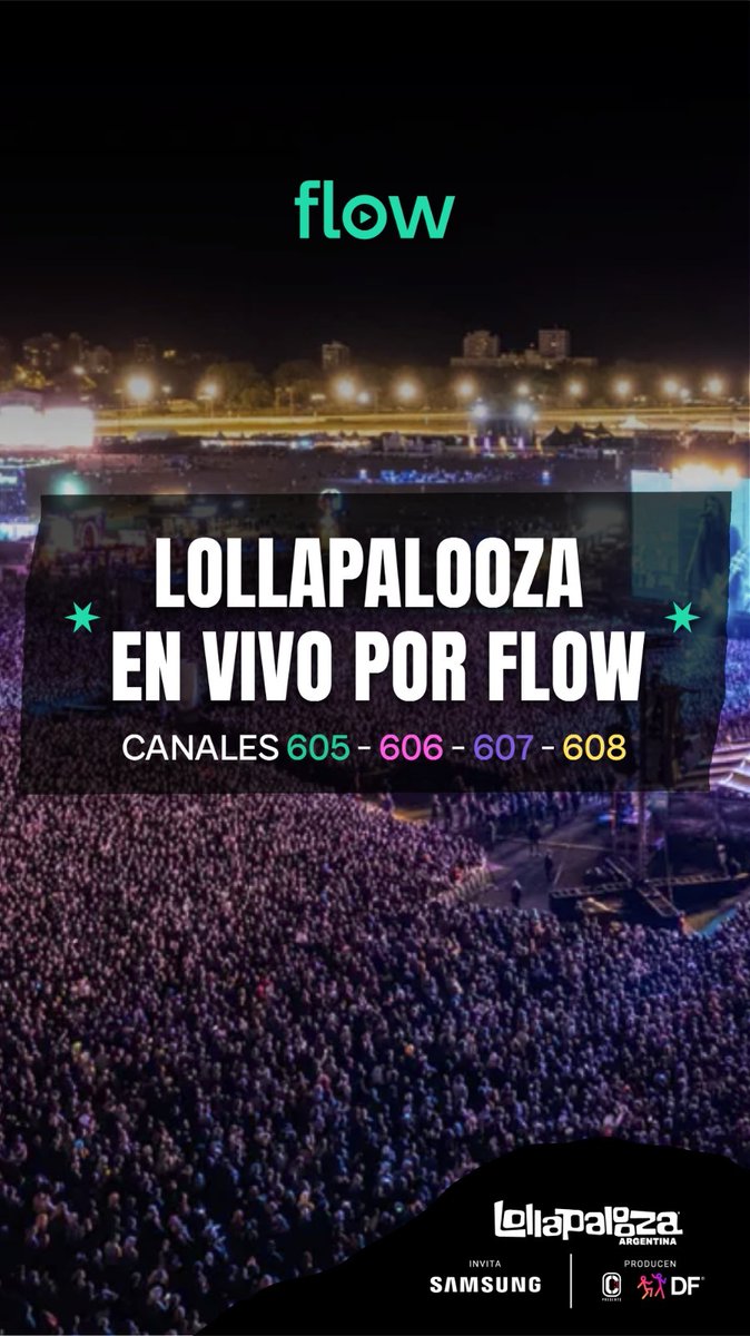 15, 16 y 17 de marzo mirá el Lollapalooza en vivo y en exclusiva por Flow. En los canales 605, 606, 607 y 608 vas a poder disfrutar de las bandas, entrevistas, premios y una cobertuea exclusiva. Miralo donde quieras los 3 días por@Flow_ar #Lollapalooza