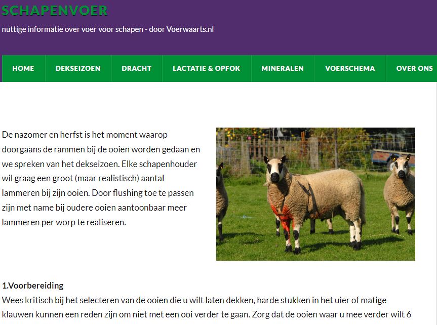Voerwaarts zet in op kennisdelen. Voor veel diersoorten waar we voer voor maken hebben we al aparte website's opgezet met info over de verzorging. Een soort digitale folder. Sinds deze week is onze informatiepagina over schapenvoer gereed op het domein schapenvoer.nl
