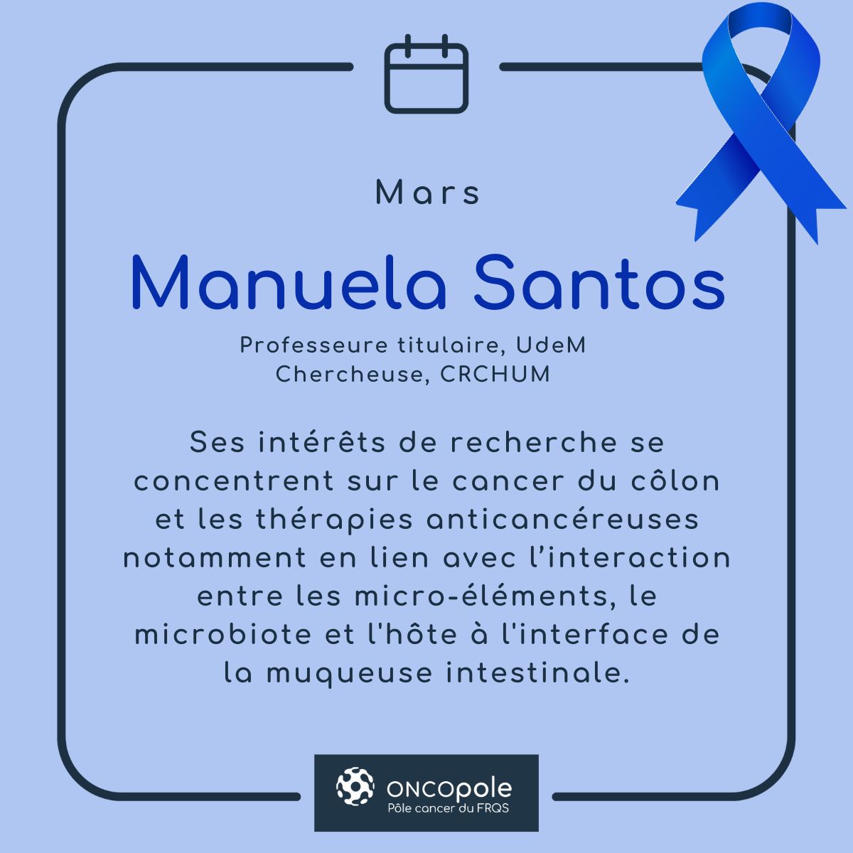 En ce mois de sensibilisation au #cancer colorectal, nous soulignons la contribution exceptionnelle de l’équipe de Manuela Santos dans la recherche sur cette maladie. 👉 Pour en savoir plus: chumontreal.qc.ca/crchum/cherche… #Recherche #CommunautéFRQ