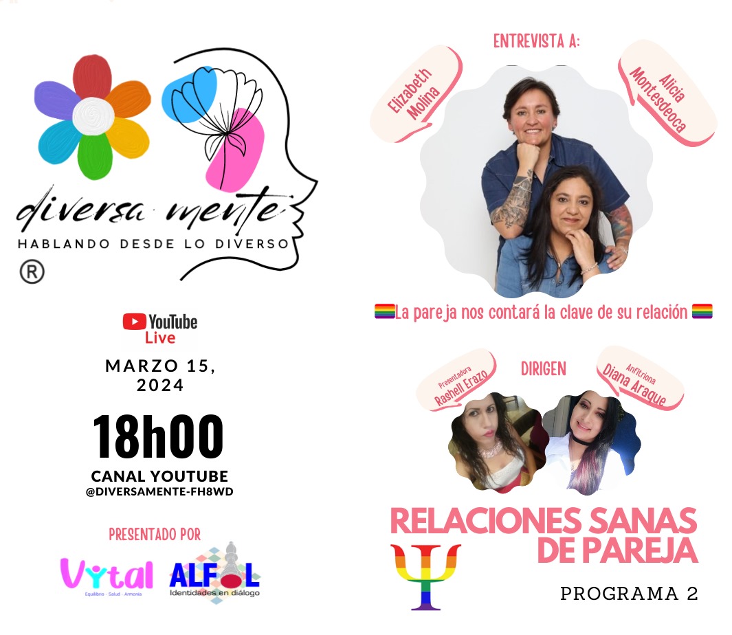 📣 #Programa2 #DiversaMente #HablandoDesdeLoDiverso  
🟣 #AsociacionALFIL y #VITAL 
✔️#WebinarGratuito salud mental #PsicologiaClinica ❤️💜
📍 Tema: Relaciones sanas de pareja 🏳️‍🌈
📘Diana Araque @CorinaKarina3
▶️ Entrevista pre-grabada
📅 Marzo 15, 2024
🕝 18h00 🇪🇨