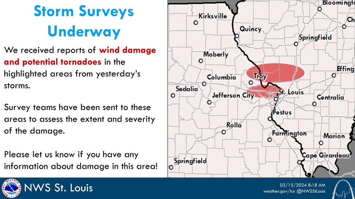 There are several reports of potential tornadoes in the STL metro and west-central IL. Two teams will survey the damage to assess if tornadoes occurred, and if so how strong they were. We'll post updates through the day. #MOwx #ILwx #STLwx