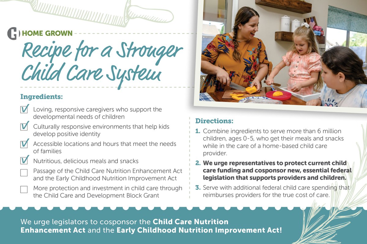 HomeGrownOrg's tweet photo. Passage of the Child Care Nutrition Enhancement Act and the Early Childhood Nutrition Improvement Act are the missing ingredients to a better child care system.

As we celebrate #CACFPWeek, urge policymakers to cosponsor these bills today. https://t.co/MraqbInawW https://t.co/2286S80YHD