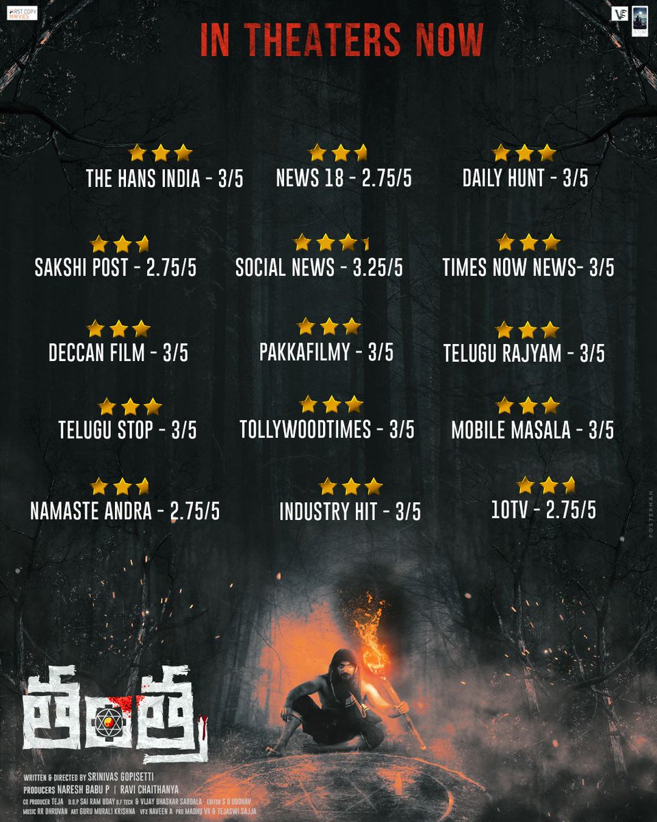 👻 #Tantra: The year's horror hit! Critics' ratings are in: 2.75 to 3.25/5 stars. Now screaming in theaters!🎬🎥👻 🔥 🔮🪄 🖐️ #TANTRAOnMarch15

🌟ing @AnanyaNagalla @dhanush_vk @saloni_Aswani 📽️ @srini_gopisetti
@RaviChaith #NareshbabuP

@firstcopymovies @BeTheWayFilms