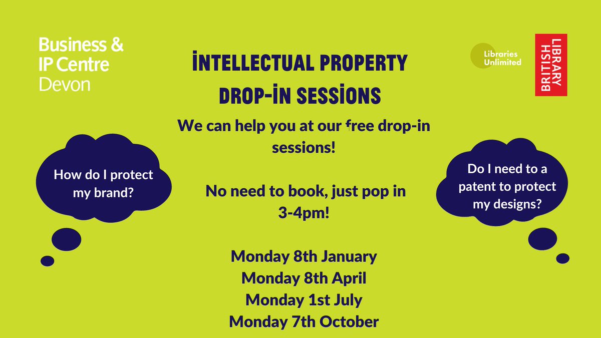 BIPCDevon's tweet image. Do you have a business idea or brand you want to protect? We can help! 

@ExeterLibrary  hosts quarterly Intellectual Property (IP) drop-in session at 3-4pm on Mondays 8th Jan, 8th April, 1st July &amp;amp; 7th Oct.

No need to book, just drop-in! 

 #Exeterhour #DevonHour #Copyright