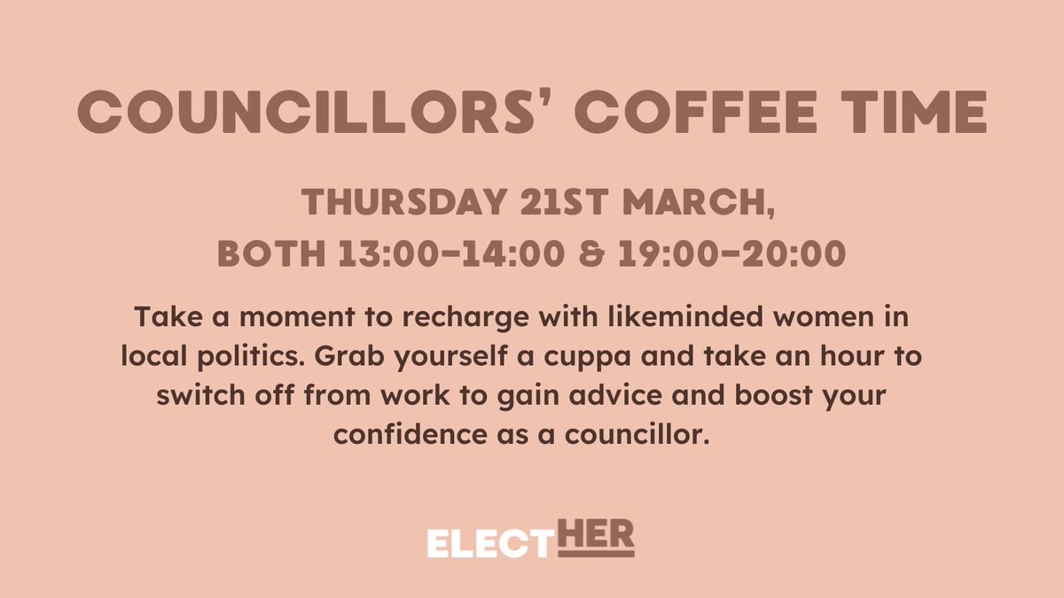 We are inviting all women serving as councillors for a relaxed online session to share resources, experiences and advice so we can build a stronger support network for women in local politics. Join us on Thursday, 21st March at 1-2pm or 7-8pm: bit.ly/Cllr-Coffee-Ti…