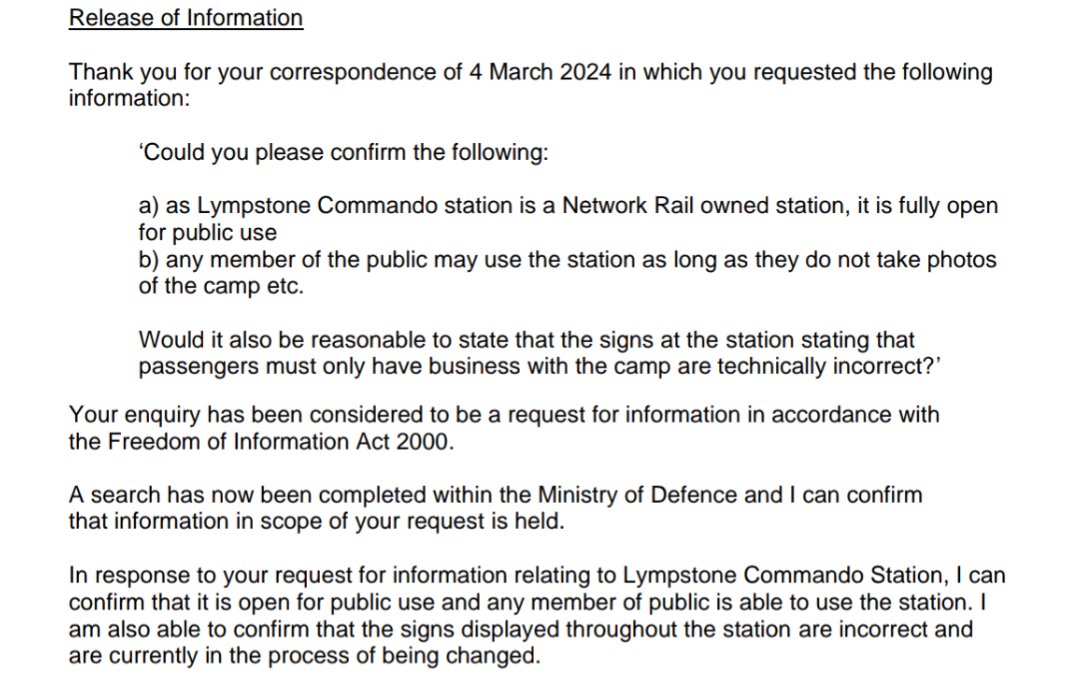 The MoD have confirmed to me in a FOI request that the station is open for the public to use and the signs are incorrect and are being changed.

If you're visiting Lympstone Commando soon I'd recommend you save their response (attached) to your phone to show if needed.
