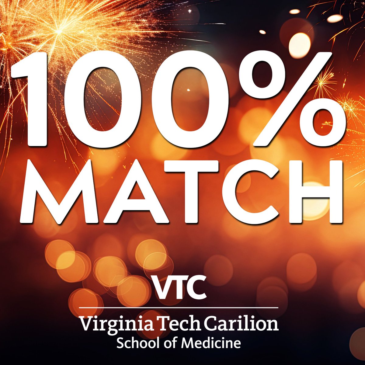 We are proud to announce a 100% match for the VTCSOM Class of 2024! Today, we will learn where they are going across the nation (and here at home) for their residency programs. Watch the streaming ceremony at 12:30 p.m.: medicine.vtc.vt.edu/events/match-d…. <a href="/CarilionClinic/">Carilion Clinic</a> <a href="/virginia_tech/">Virginia Tech</a>