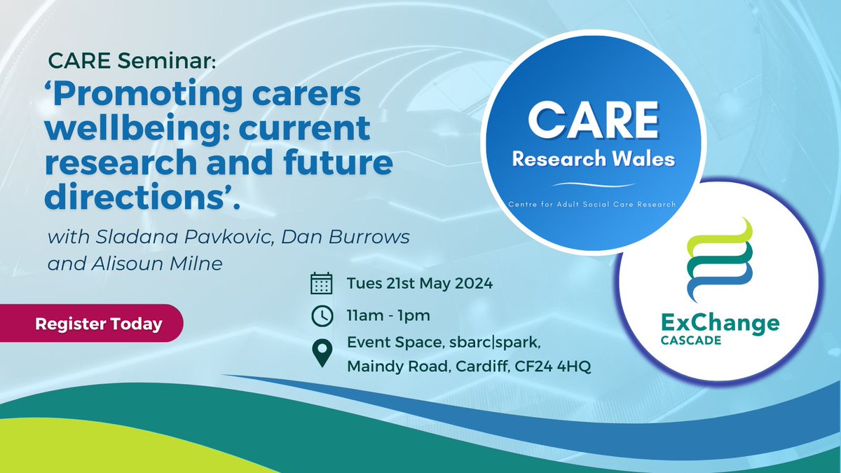 Seminar: 'Promoting carers wellbeing: current research and future directions' Presenters: Sladana Pavkovic, Dan Burrows and Alisoun Milne 📆 Tues 21st May 🕚 11am - 1pm 📌 Event Space, sbarc|spark, CF24 4HQ @exchangewales Find out more & register: exchangewales.org/event/care-sem…